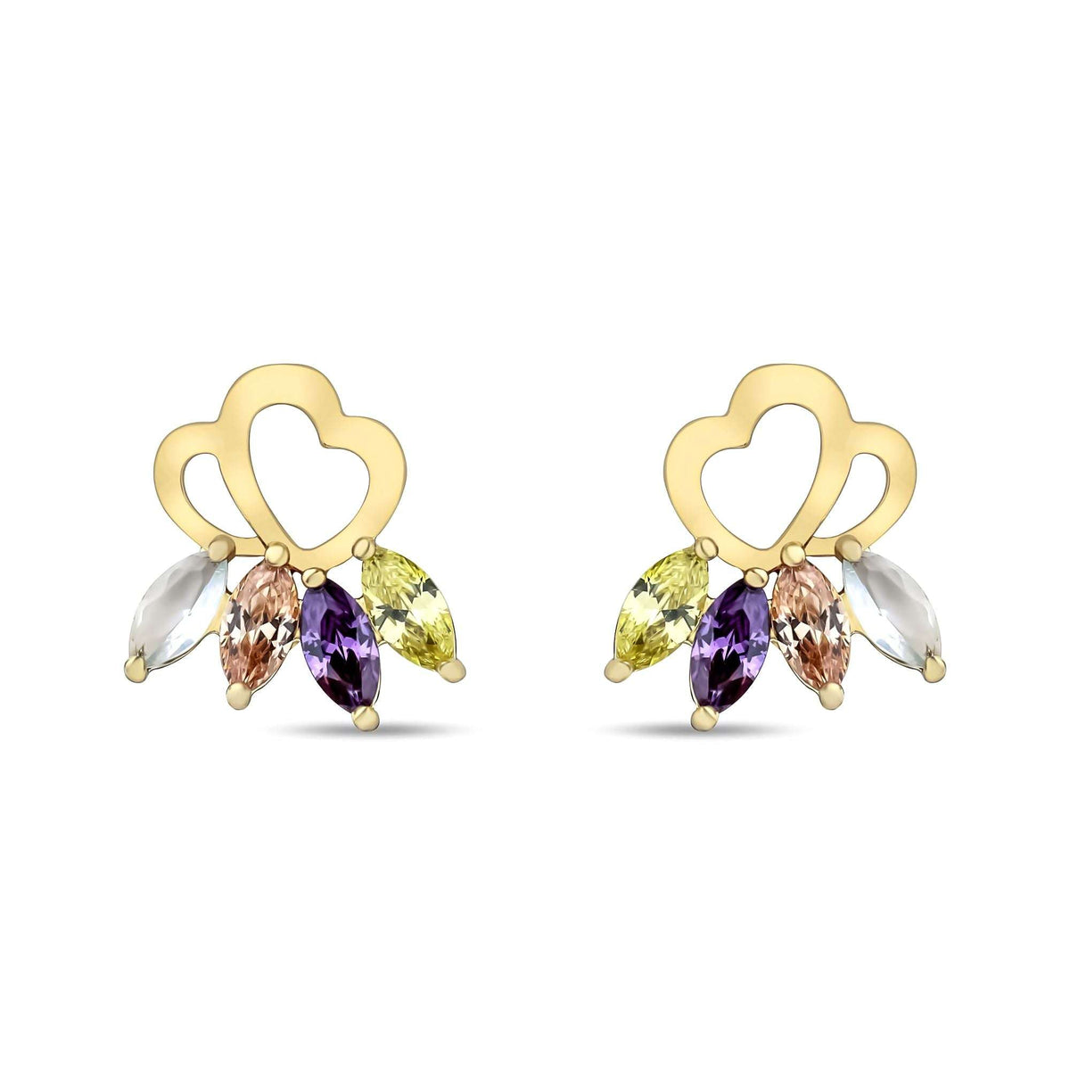 Gold-plated studs with two little hearts and four coloured marquise cubic zirconia