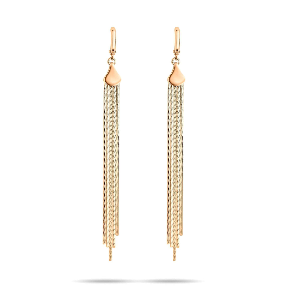 Long fringe earrings with flowing chains in a gold tone and French hooks