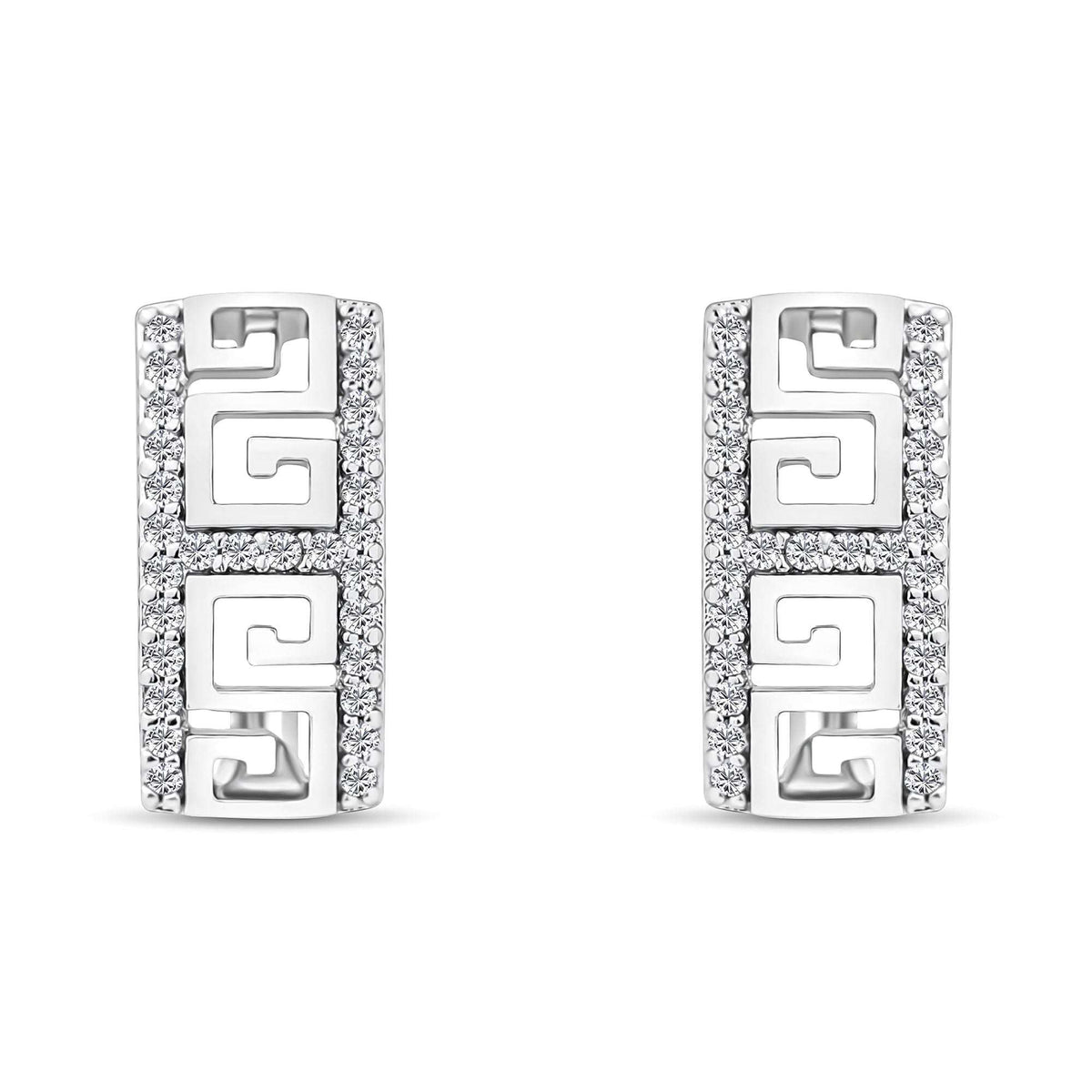 Silver-tone earrings with a Greek meander pattern and rows of cubic zirconia