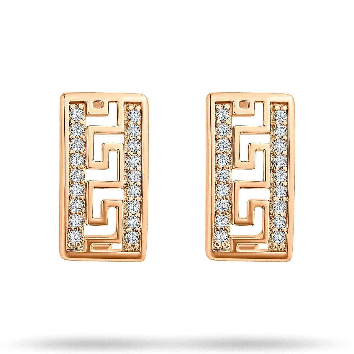 Gold-tone rectangular earrings with a Greek meander and rows of clear cubic zirconia