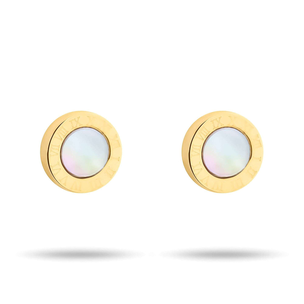 Gold-plated round earrings with Roman numerals and a faux pearl centre on white