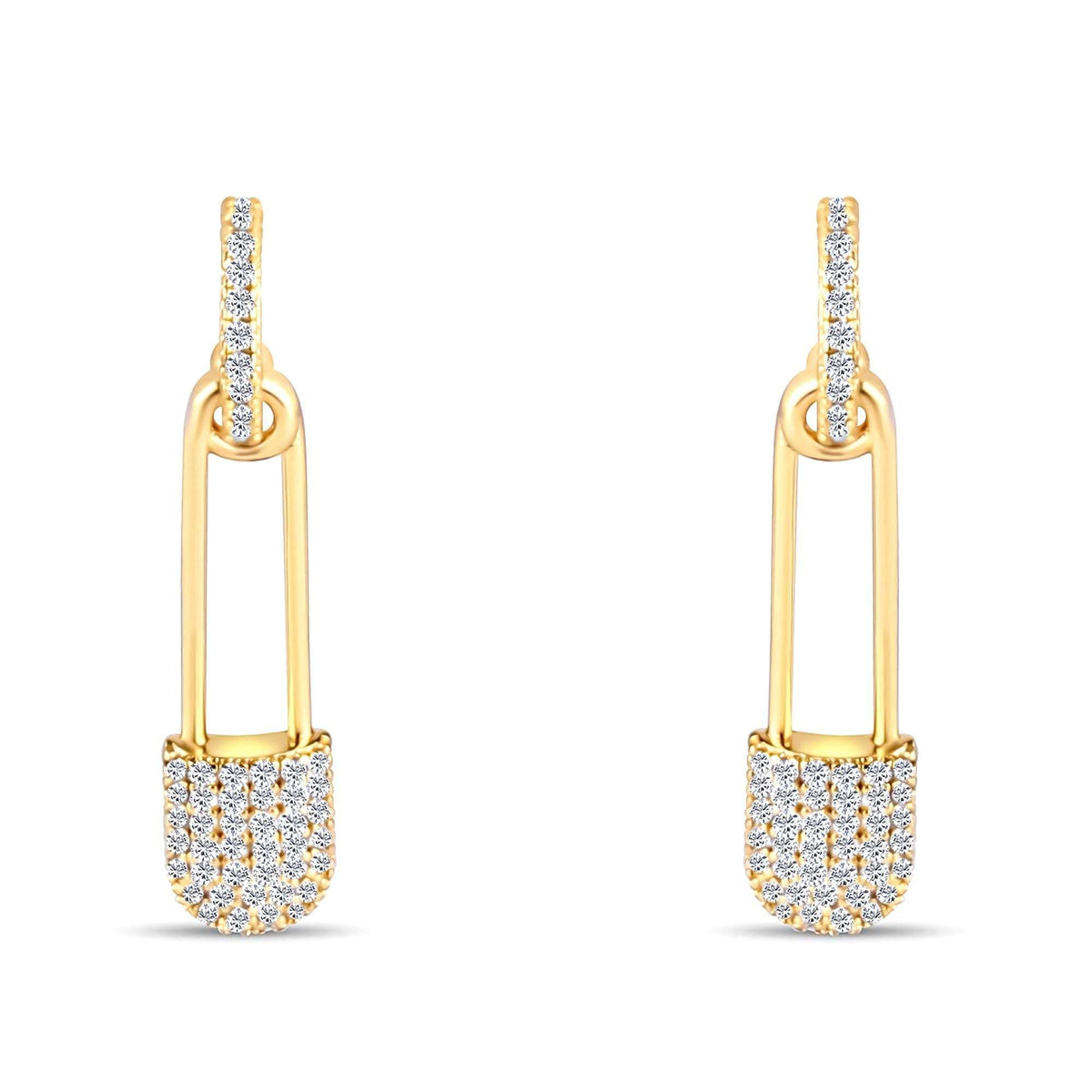 Gold-plated safety pin earrings with white cubic zirconia on a white background
