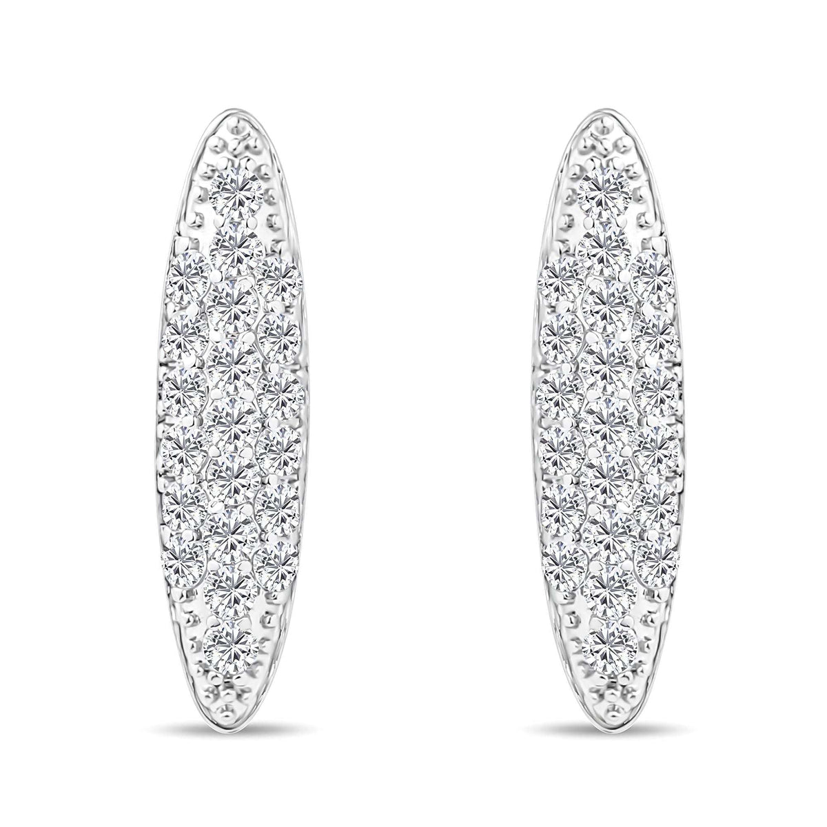 Elongated platinum-plated earrings densely set with clear crystals on a white background