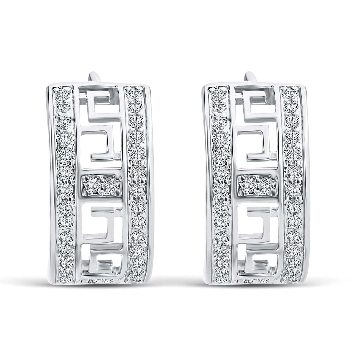 Platinum-plated earrings with a Greek meander and two rows of cubic zirconia