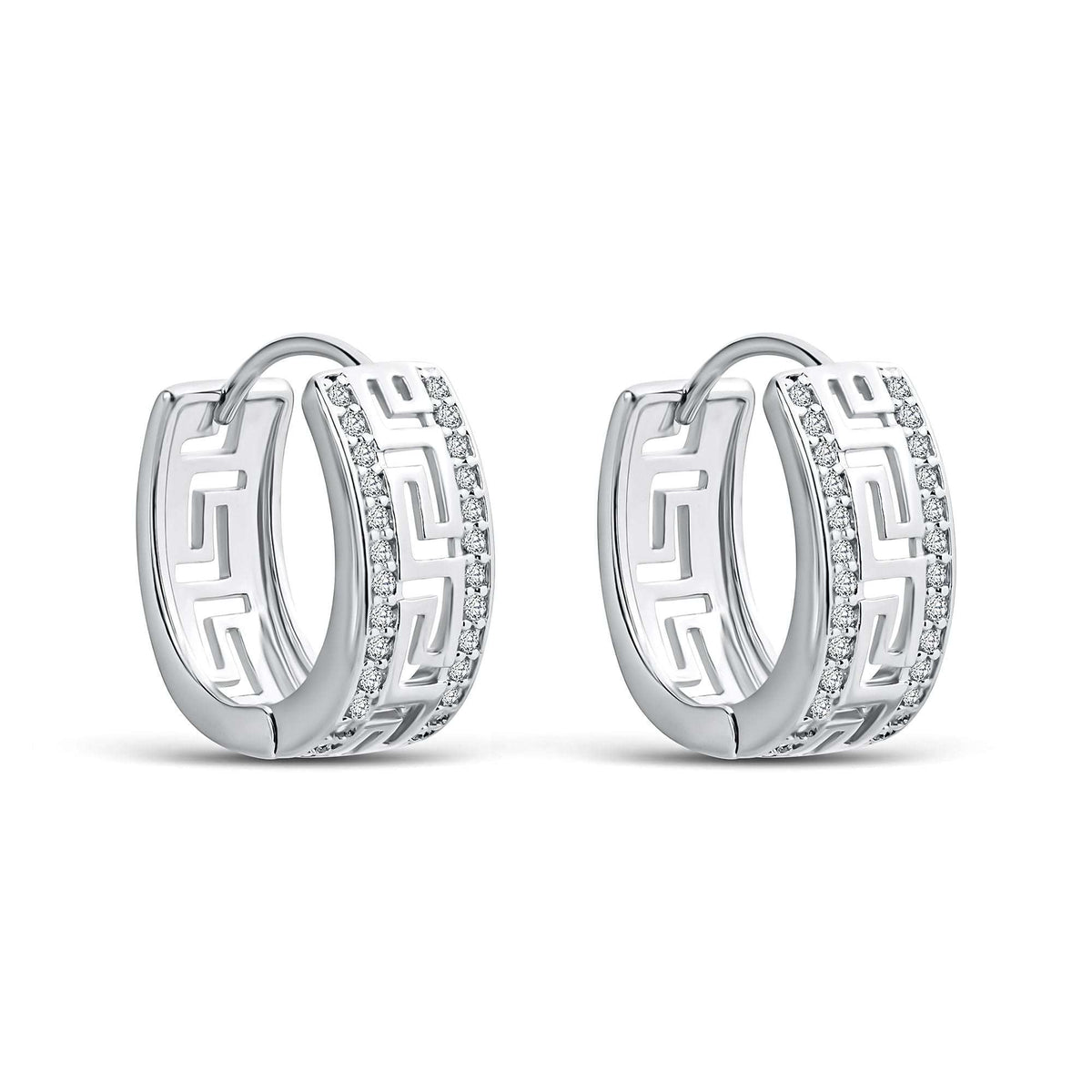 Wide hoop earrings with a Greek meander and rows of cubic zirconia
