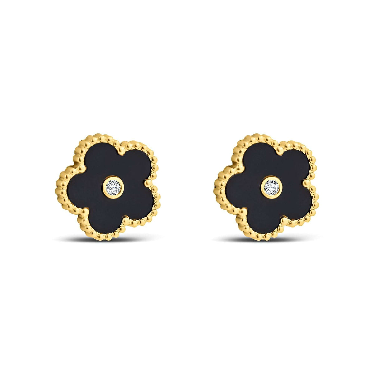 Flower stud earrings with black enamel, gold-plated rim and a cubic zirconia centre