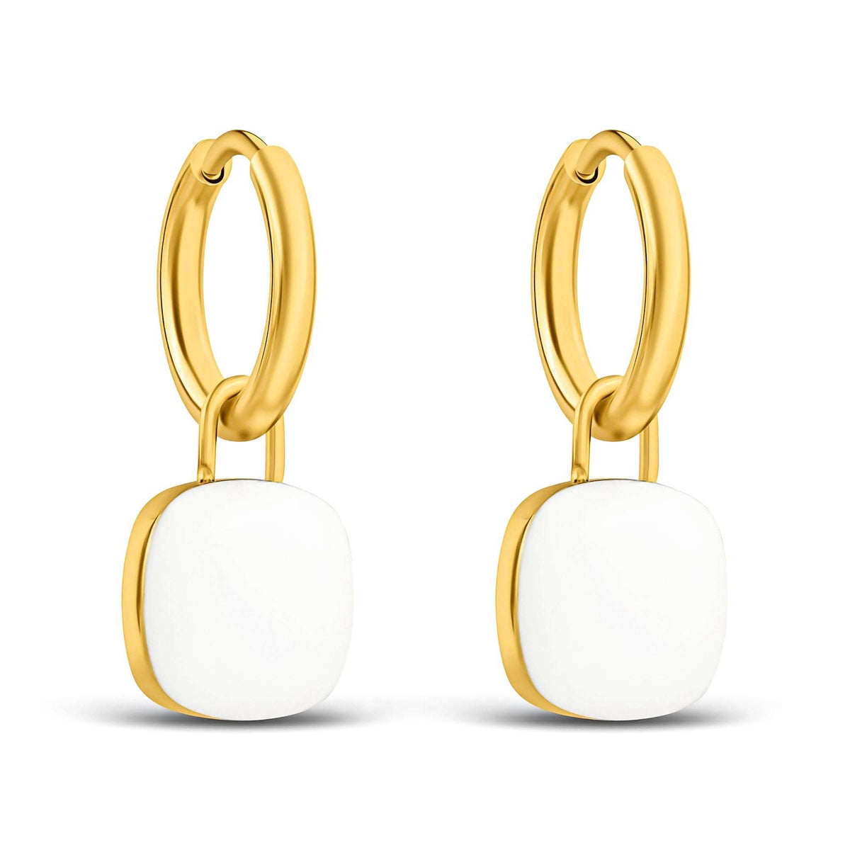 Gold-plated hoop earrings with a removable white enamel square charm on white