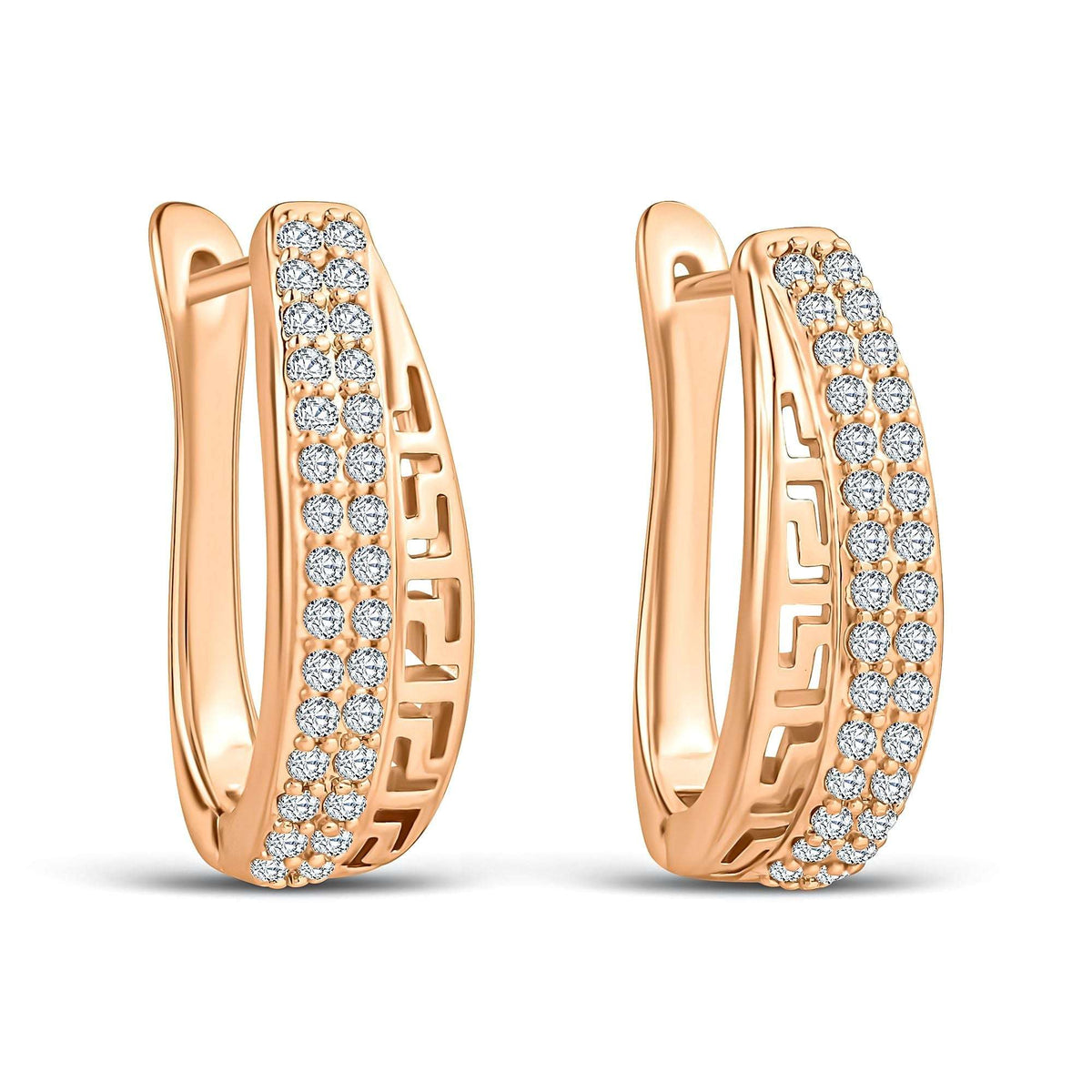 Gold-tone earrings with two rows of cubic zirconia and a cut-out Greek meander