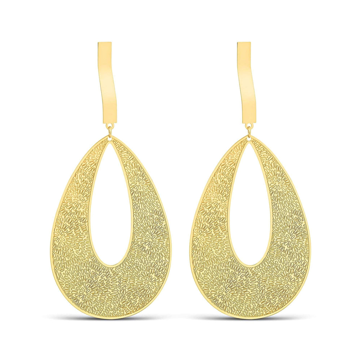 Large teardrop earrings with fine floral engraving and a gold-plated finish
