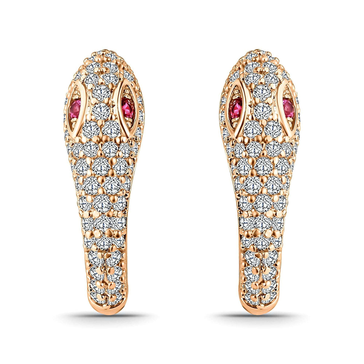 Gold-plated snake head earrings paved with cubic zirconia, with pink eyes