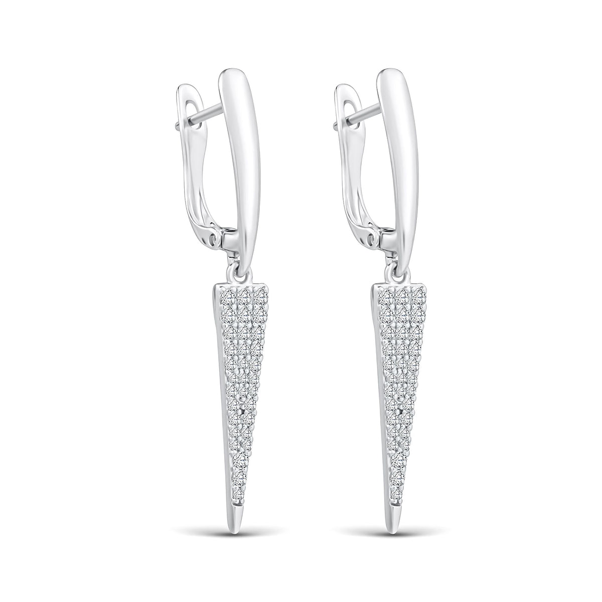Long earrings with a pointed cone paved in cubic zirconia, leverback clasp