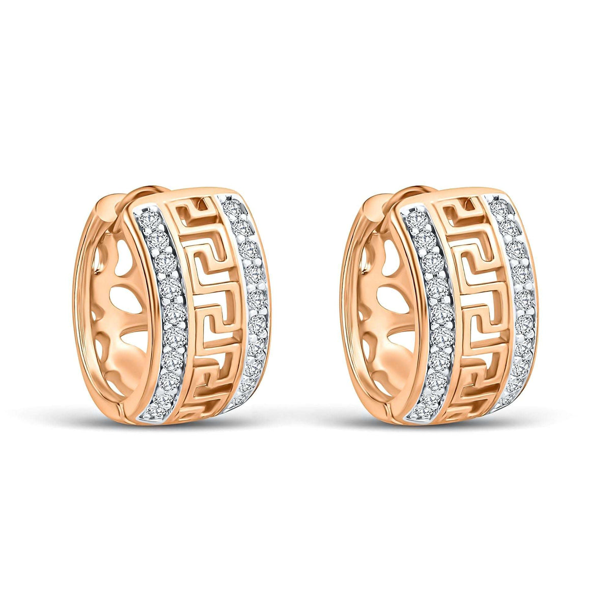Wide hoop earrings with a Greek meander and two rows of cubic zirconia