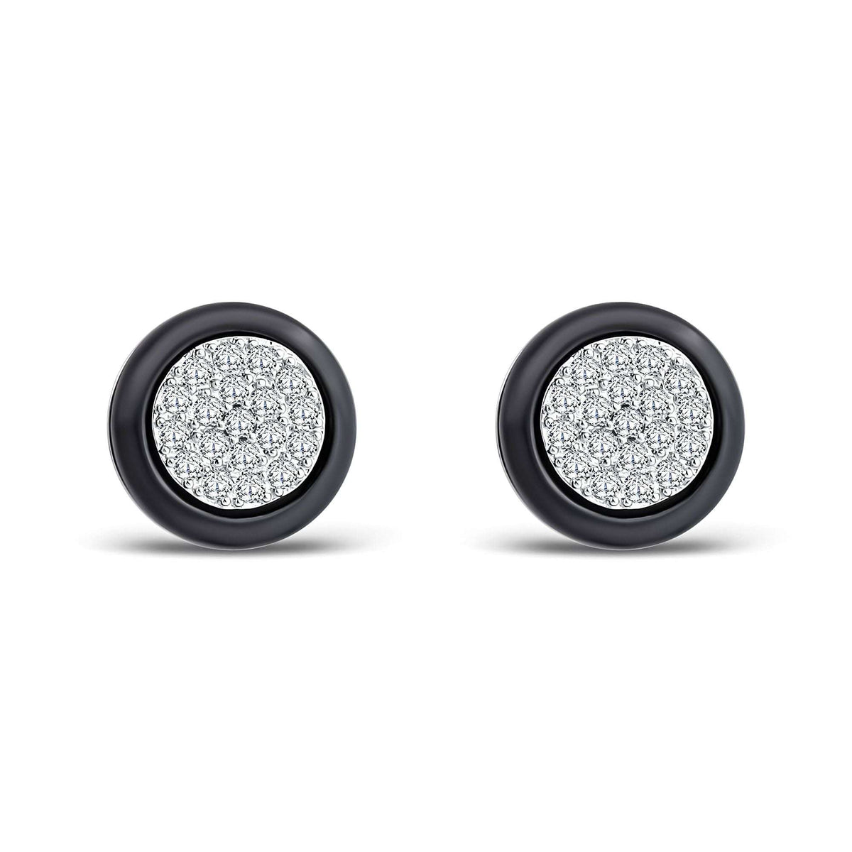 Round earrings with a black ceramic rim and a sparkling zirconia rosette