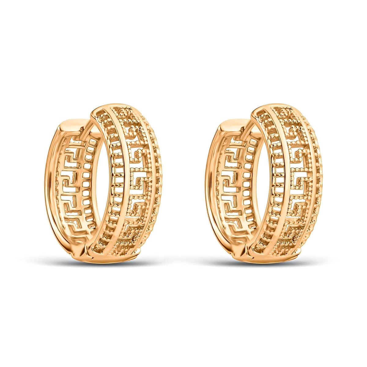 Gold | Wide gold-tone hoop earrings with an openwork Greek meander and beaded edges