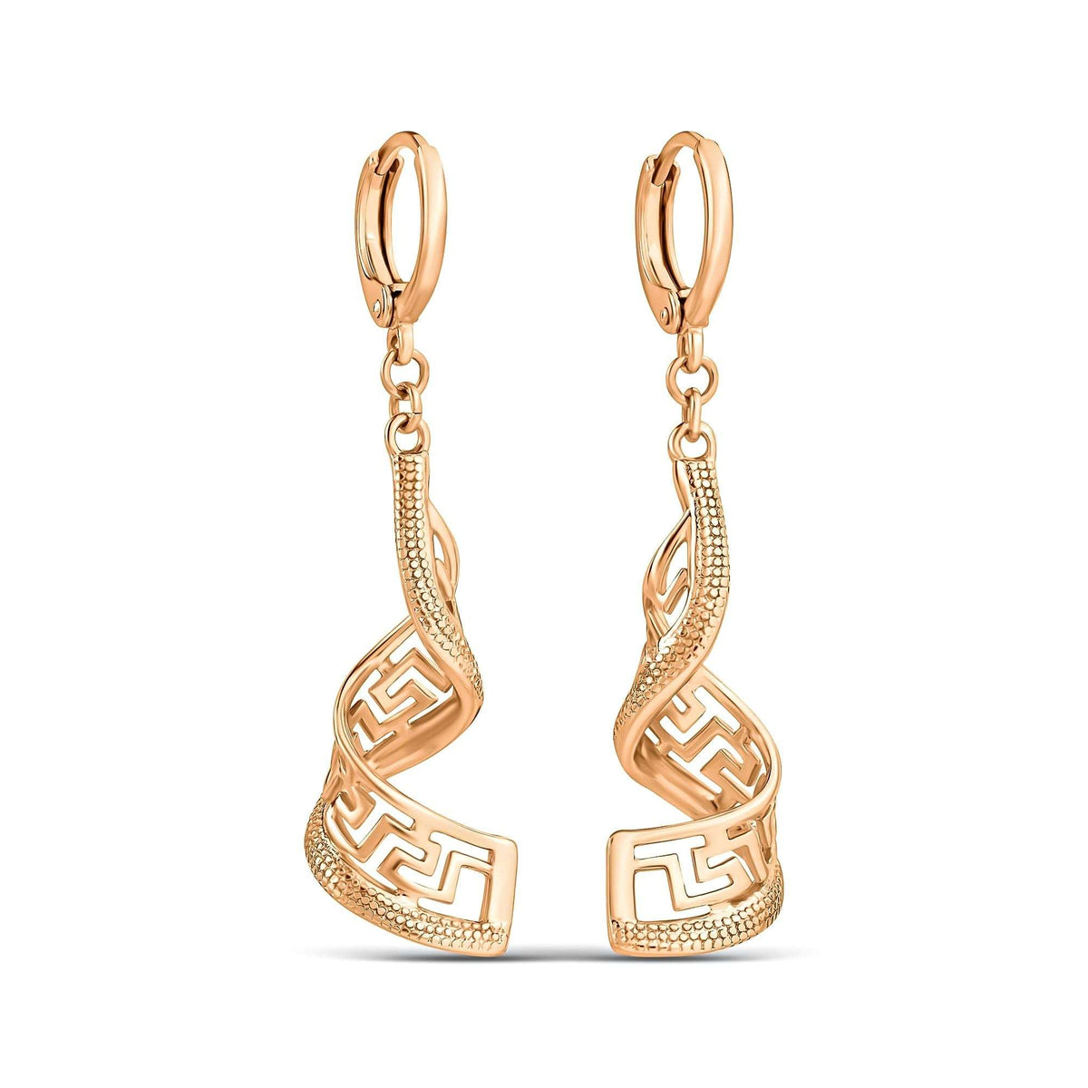 Long gold-tone earrings with a twisted ribbon and openwork Greek meander