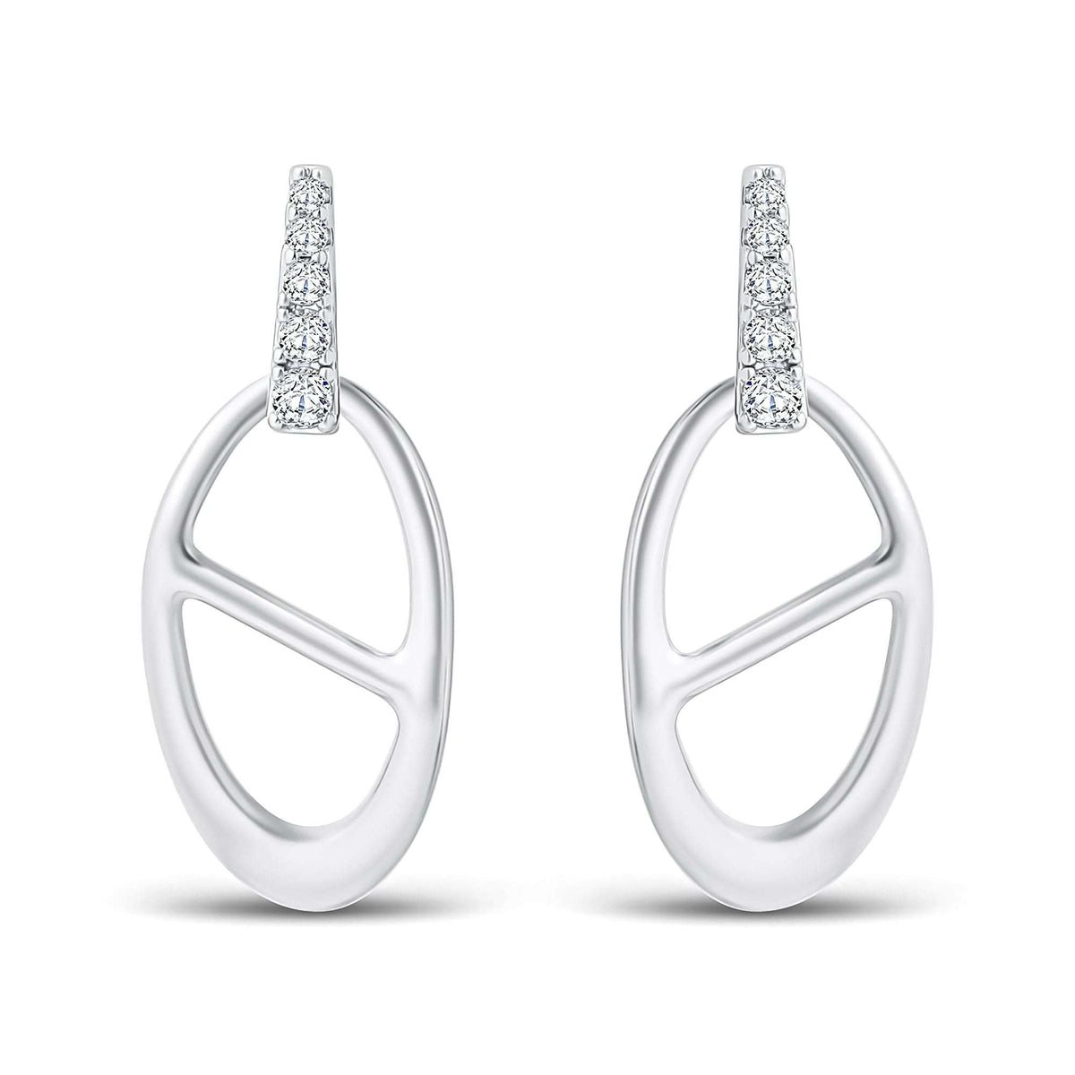 Oval open chain link earrings with a cubic zirconia bar, in a silver tone