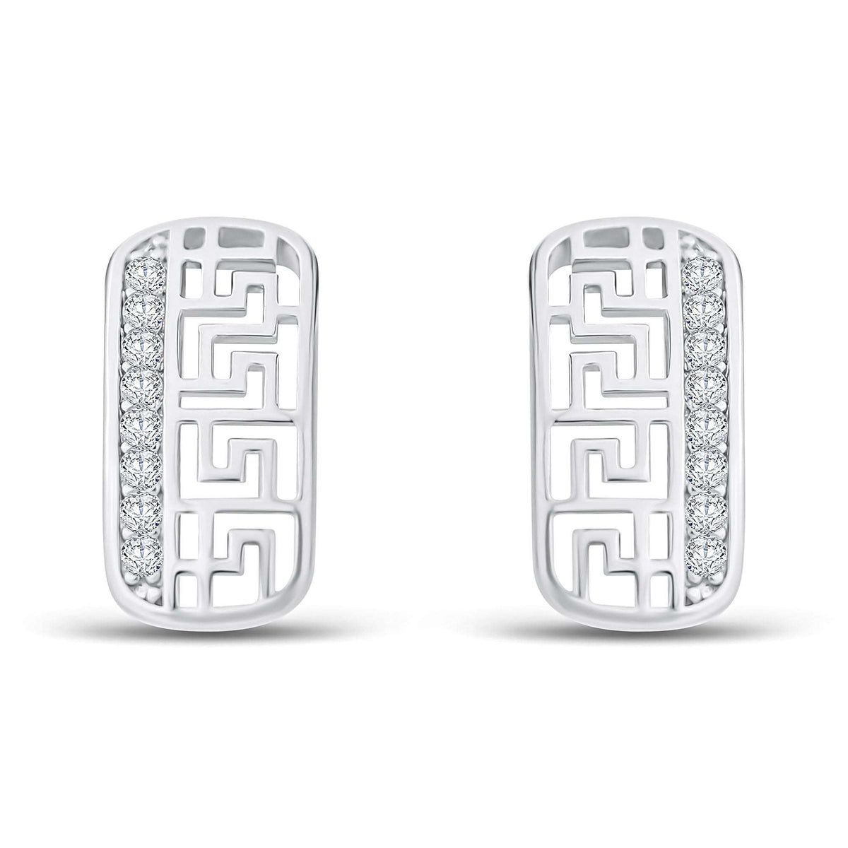 Rectangular silver-tone earrings with a Greek meander and a row of cubic zirconia