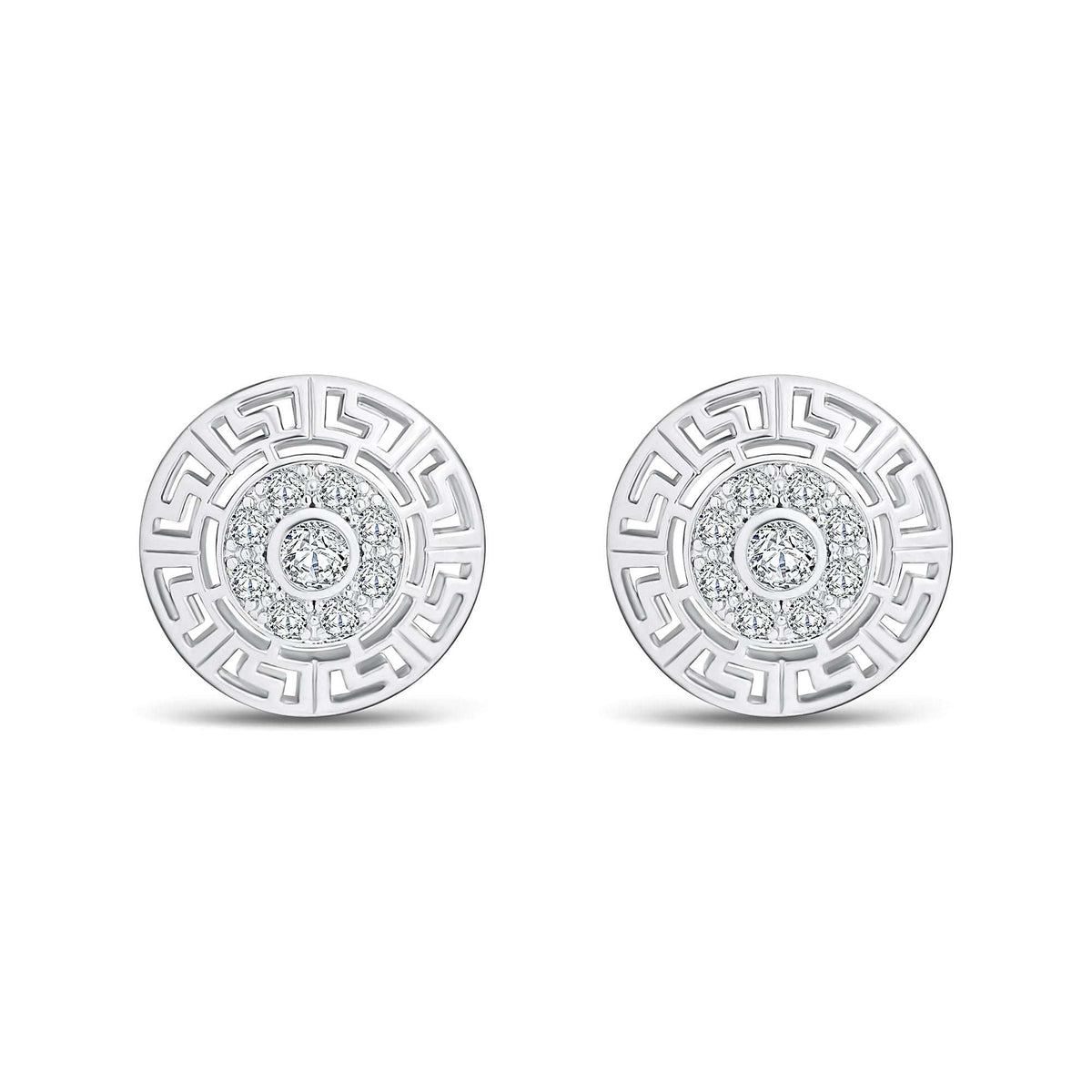 Round silver-tone earrings with a Greek meander and a zirconia circle