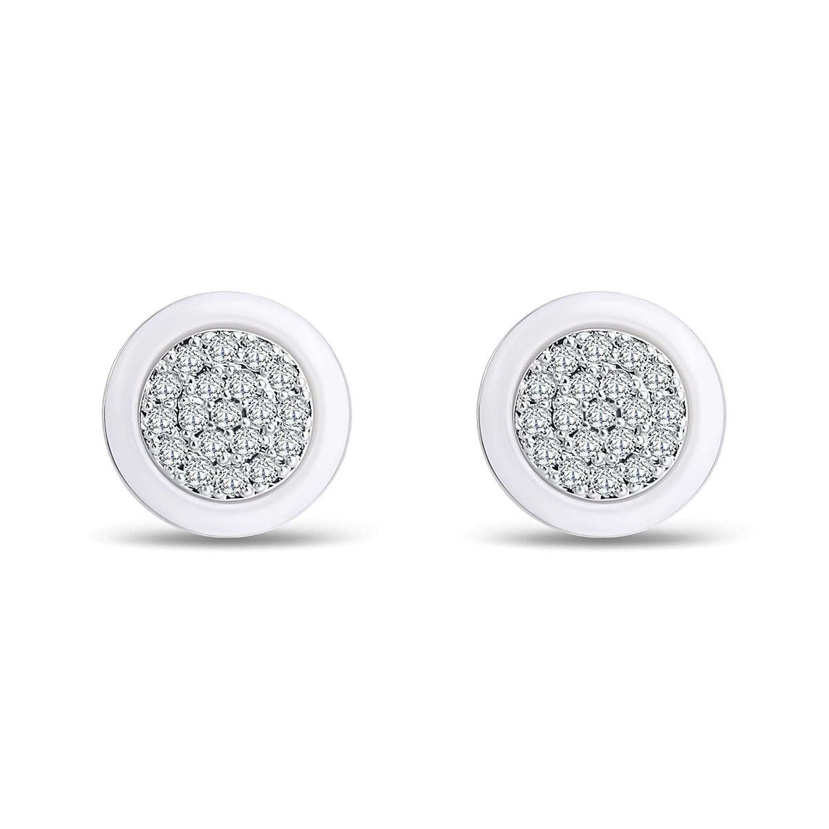 Round earrings with a white ceramic rim and a sparkling cubic zirconia centre