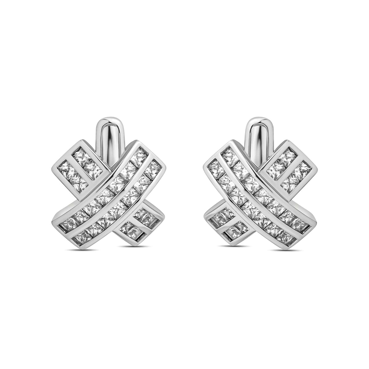Criss-cross earrings with square cubic zirconia and platinum plating on a white background