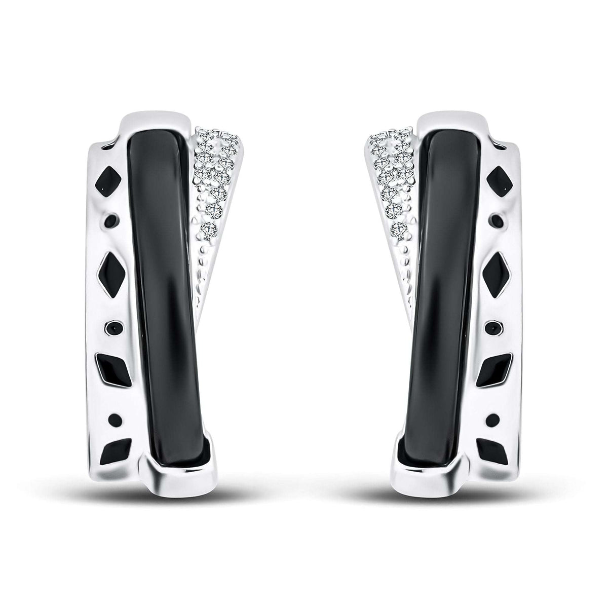 Black ceramic earrings with a row of cubic zirconia, rhodium finish and black rhombuses