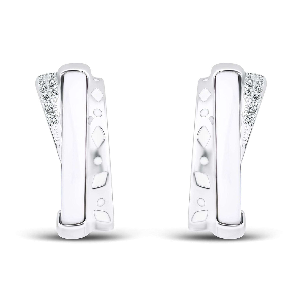 Geometric half-circle earrings with a white band, cubic zirconia row and rhodium finish