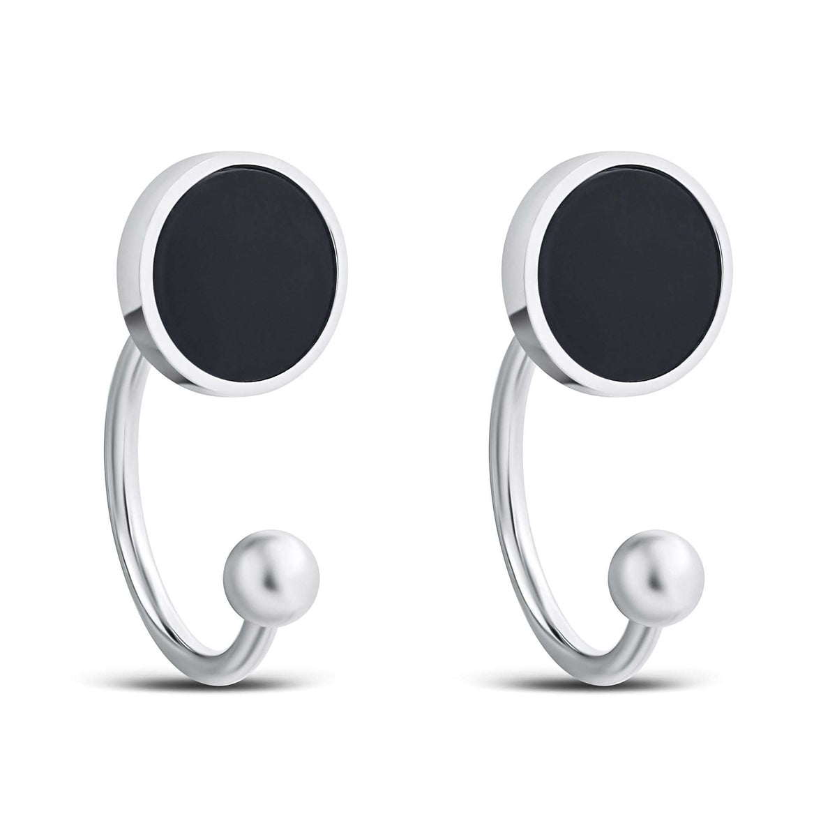 Two-in-one earrings with black enamel circle and rhodium half-circle ending in a ball