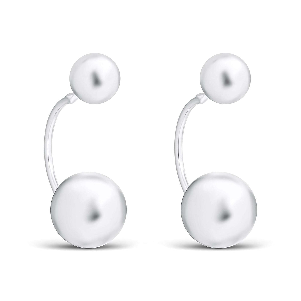 Two-in-one earrings with a large and a small shiny ball in a platinum tone