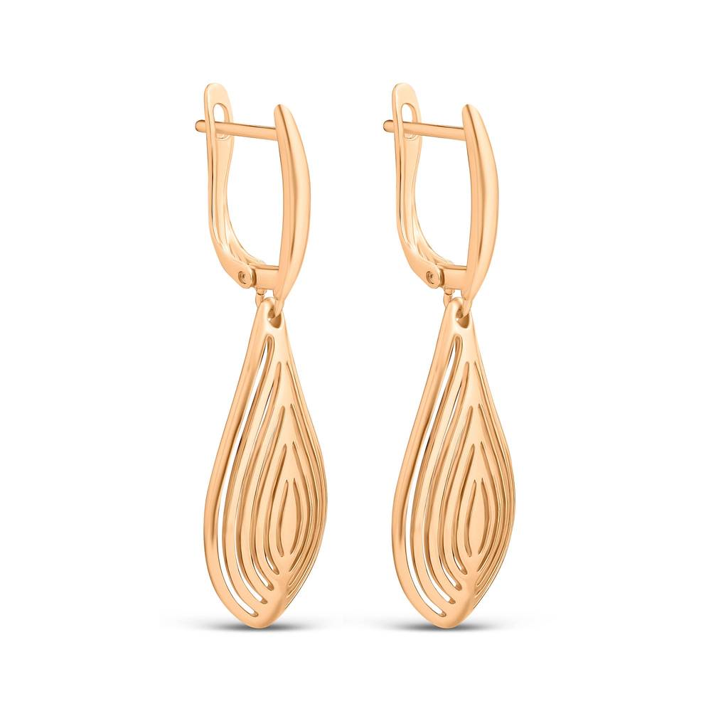 Long gold-plated earrings with a cut-out teardrop pattern and leverback clasp