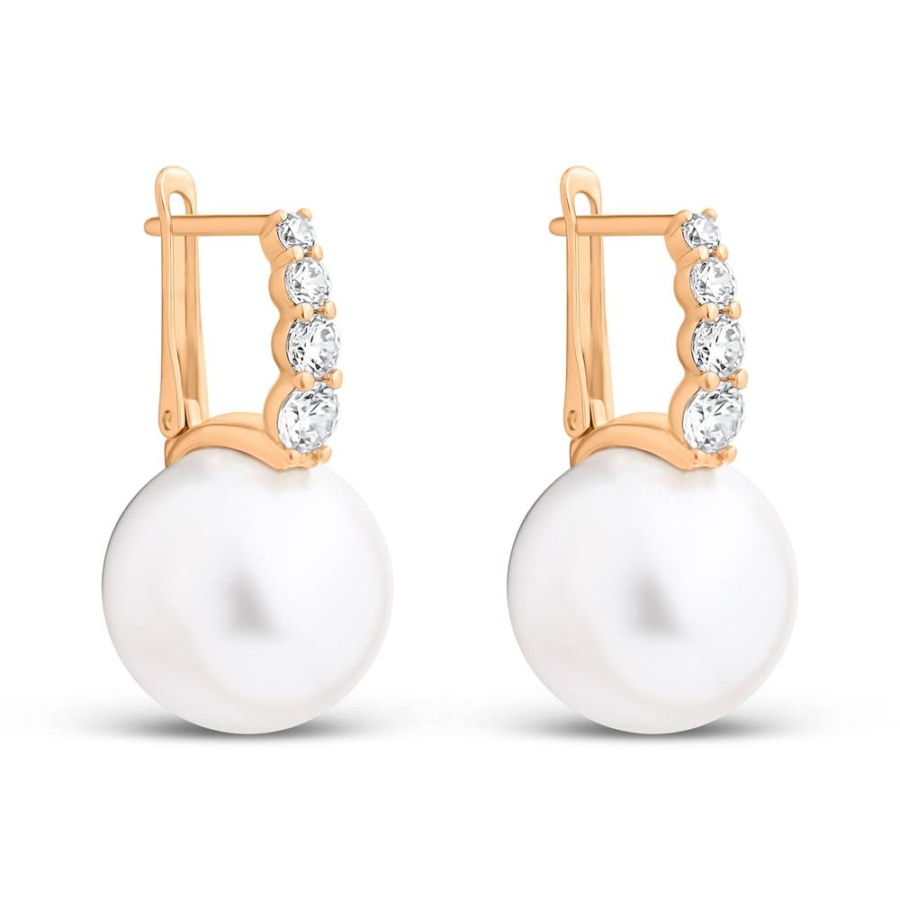 Gold-plated earrings with a white faux pearl, four cubic zirconia and leverback clasp
