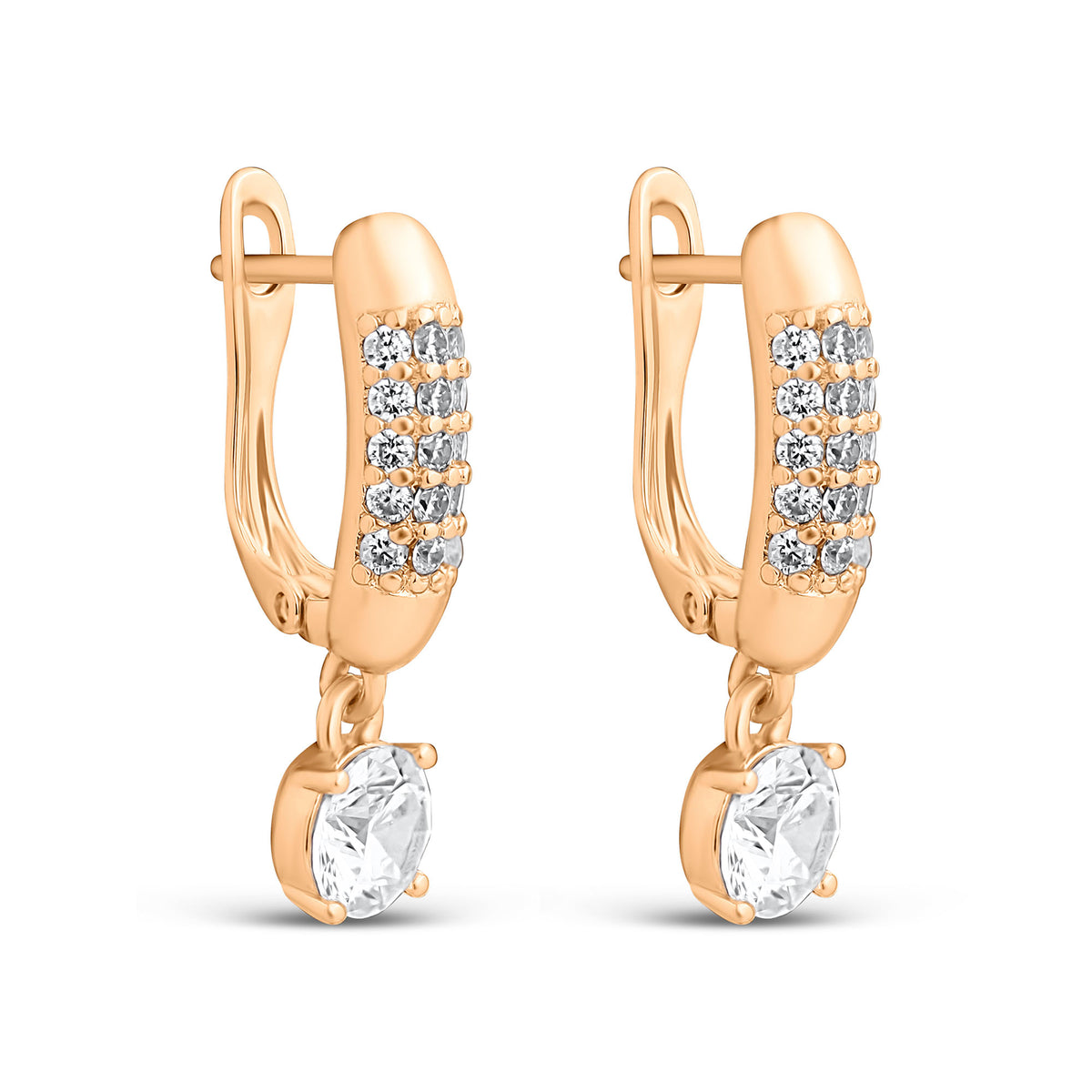 Gold-plated earrings with rows of cubic zirconia and a large round drop, white background