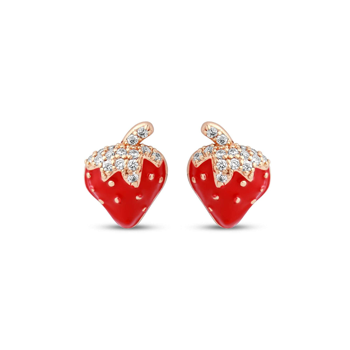 Gold-plated strawberry stud earrings with red enamel and white cubic zirconia