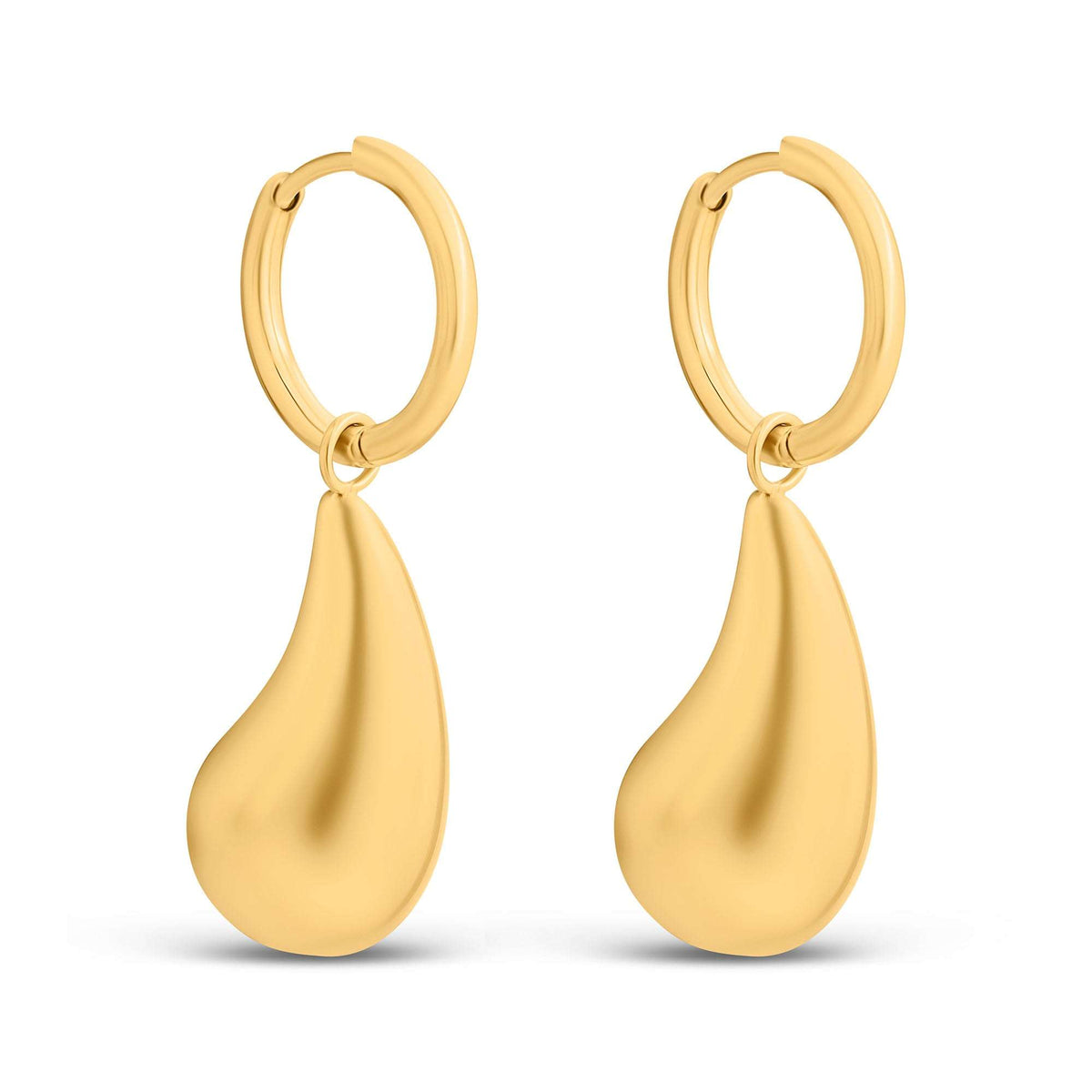 Gold-plated teardrop earrings with a smooth, puffed drop and round hoop