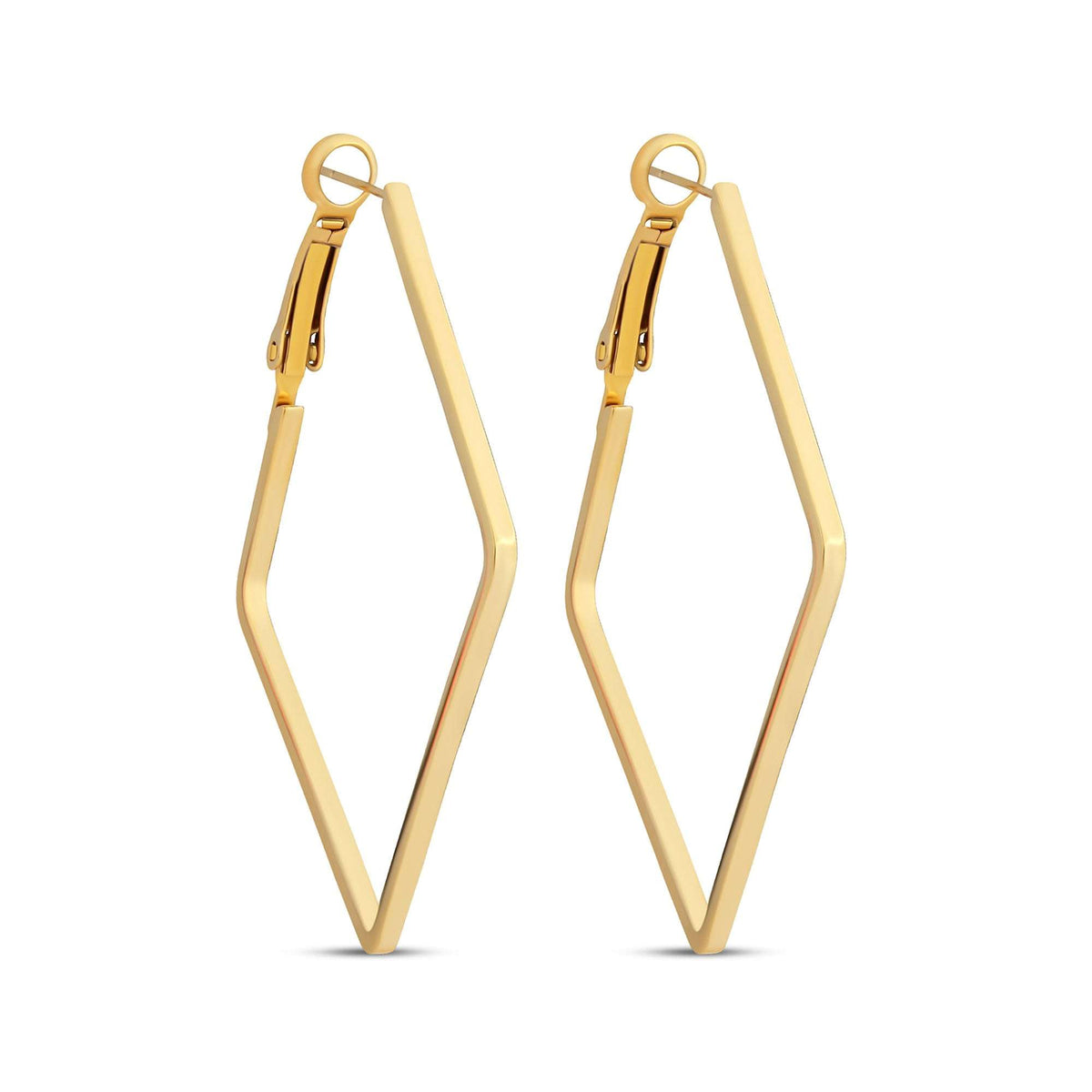 Large rhombus hoop earrings with shiny gold plating on a white background