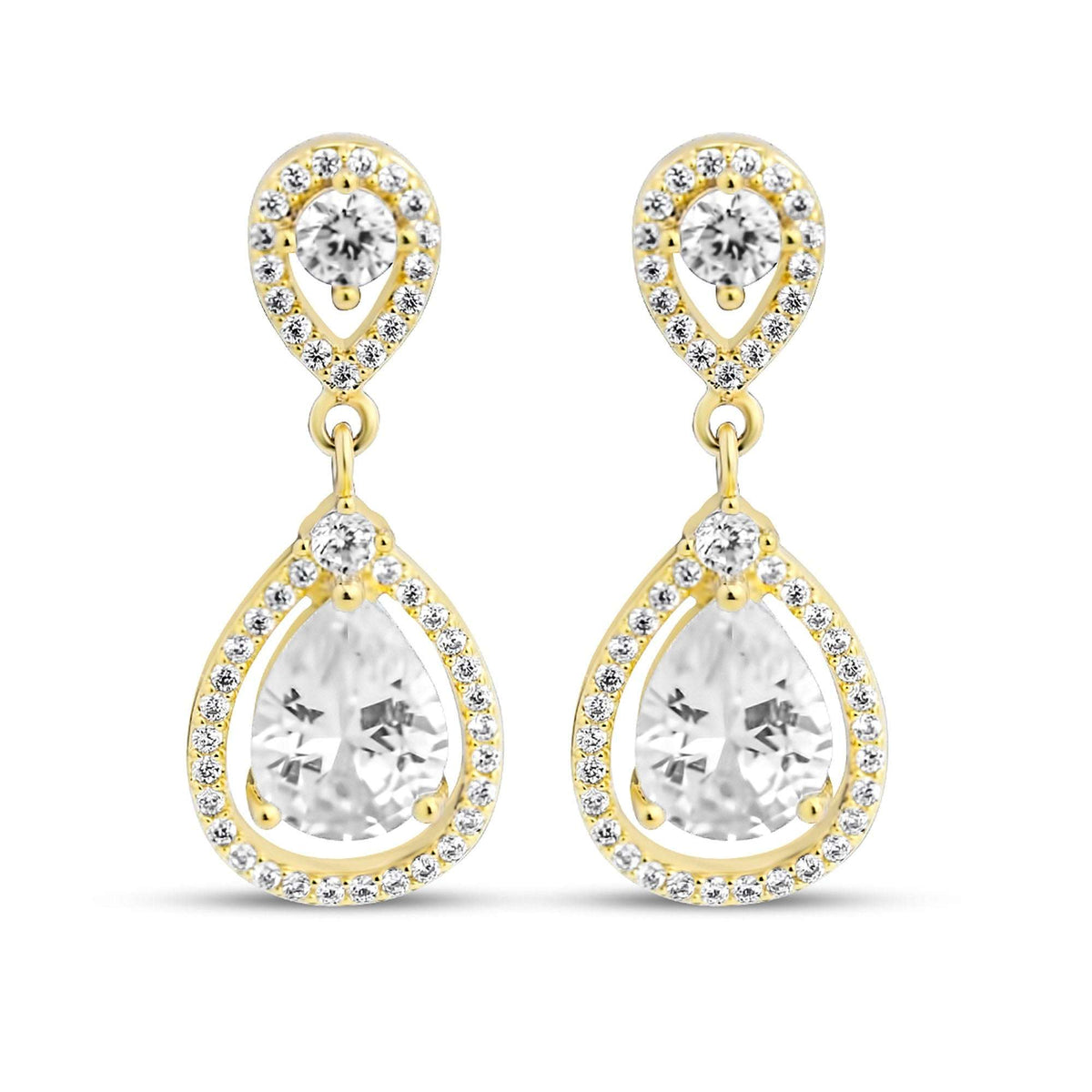 Gold-plated drop earrings with a large pear-cut cubic zirconia and crystal halo