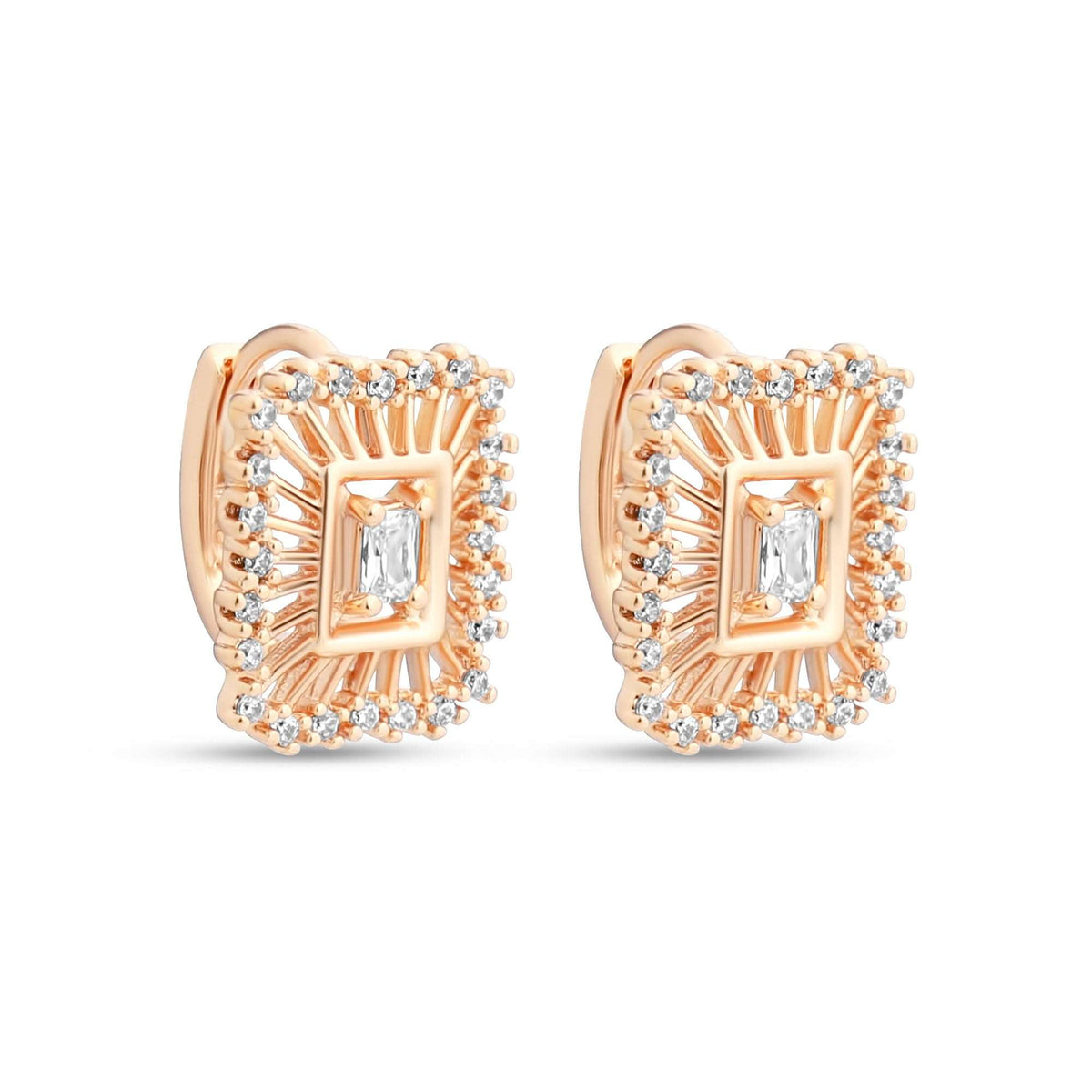 Hoop earrings with a rectangular cubic zirconia and a sparkling stone border