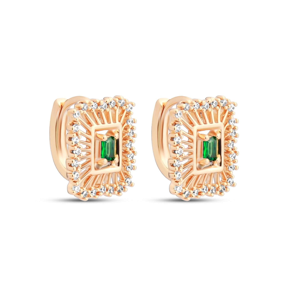 Front view of gold-plated earrings, a green stone in a border of white crystals