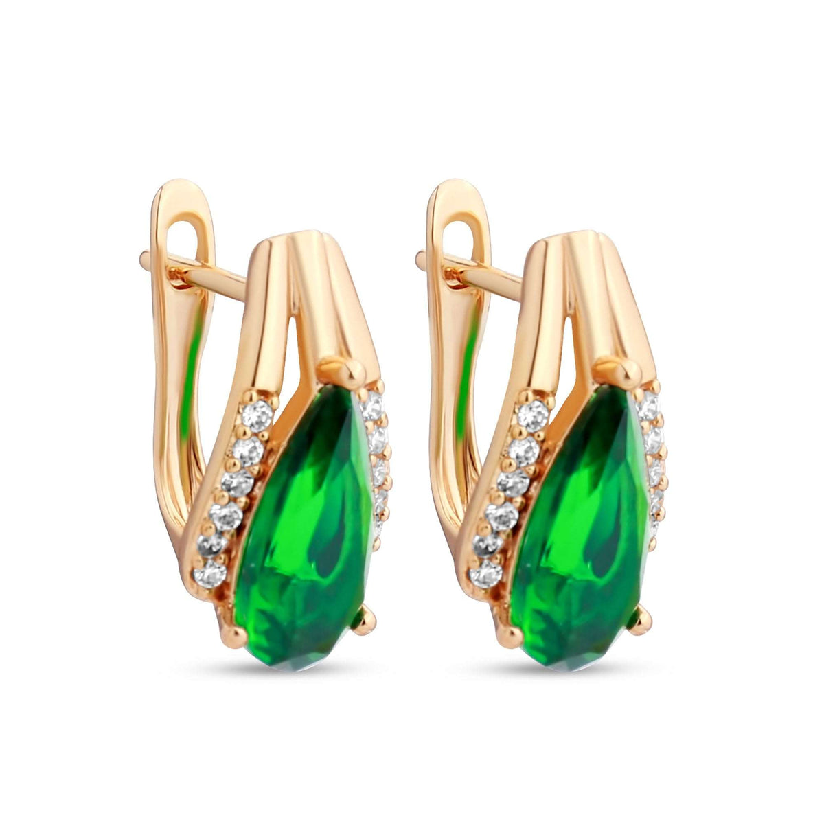 Gold-plated earrings with a large green teardrop stone and a row of crystals