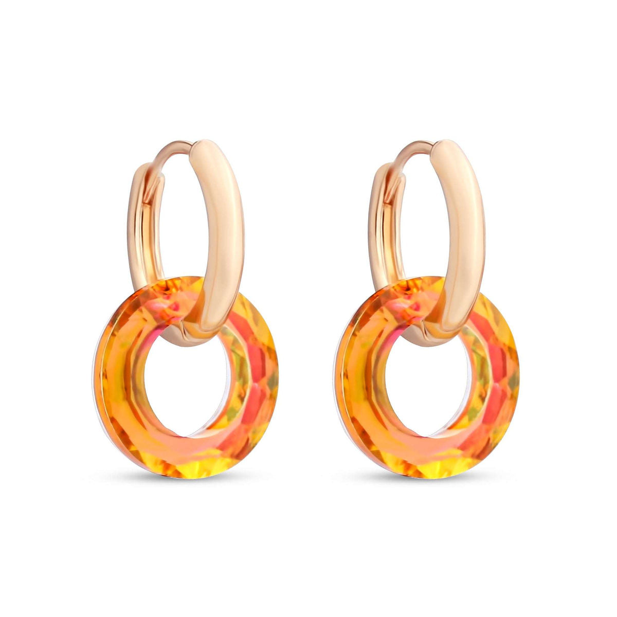 Gold-plated hoop earrings with a bright orange faceted crystal ring, white background