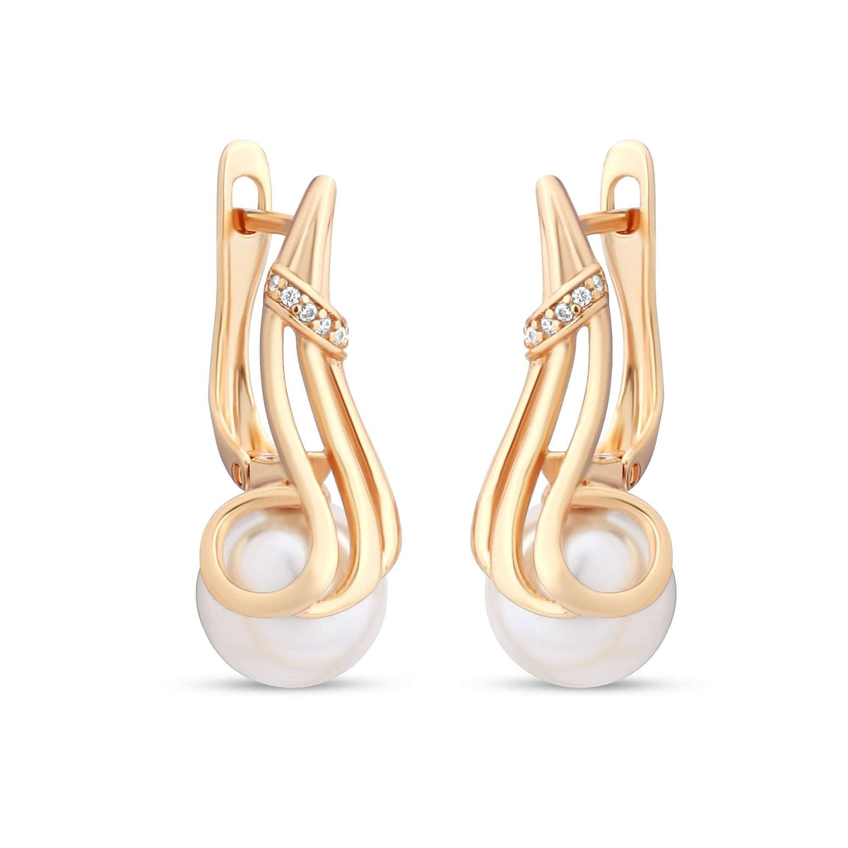 Gold-plated earrings with a twisted loop, white pearl and clear cubic zirconia