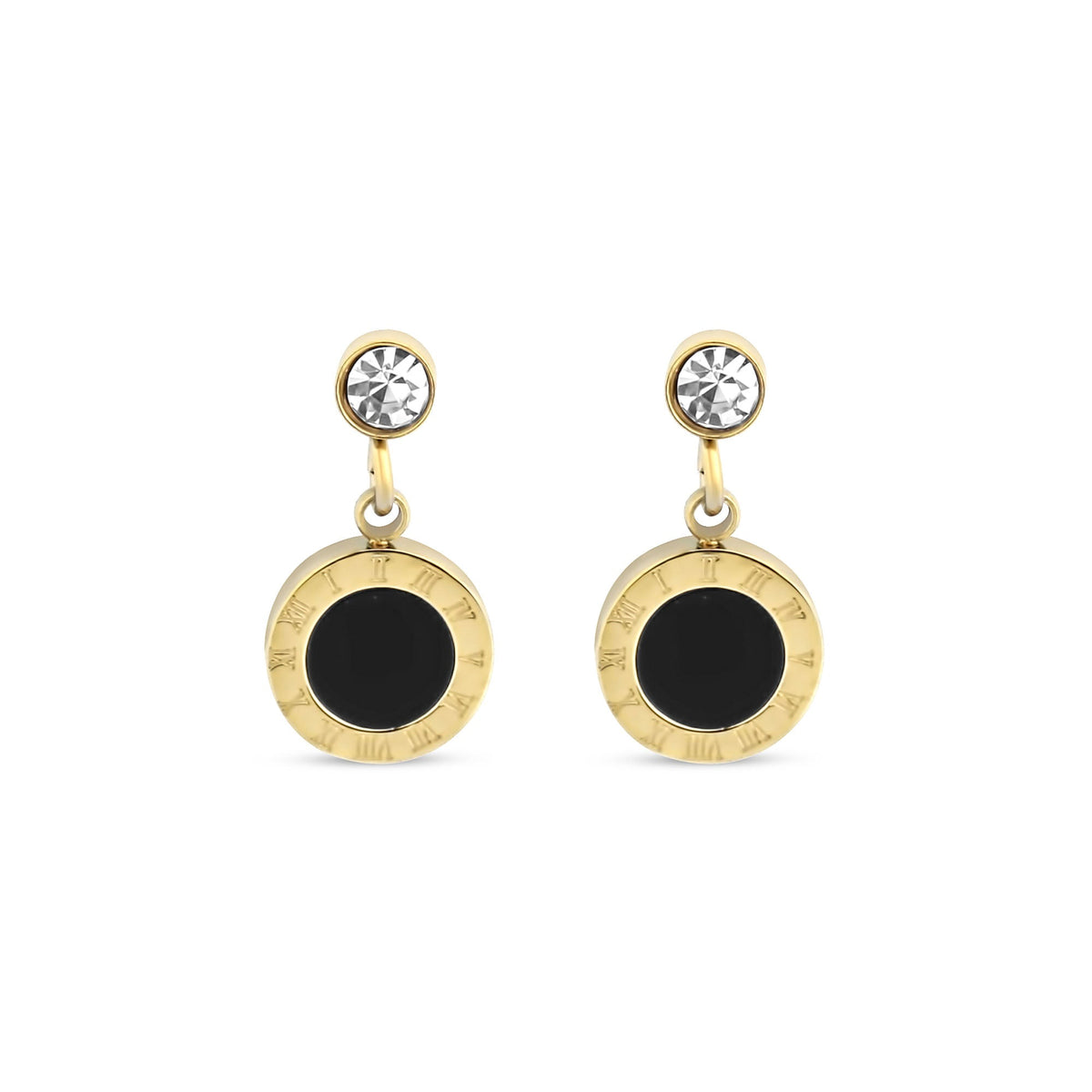 Gold-plated studs with a clear crystal and black circle ringed by Roman numerals