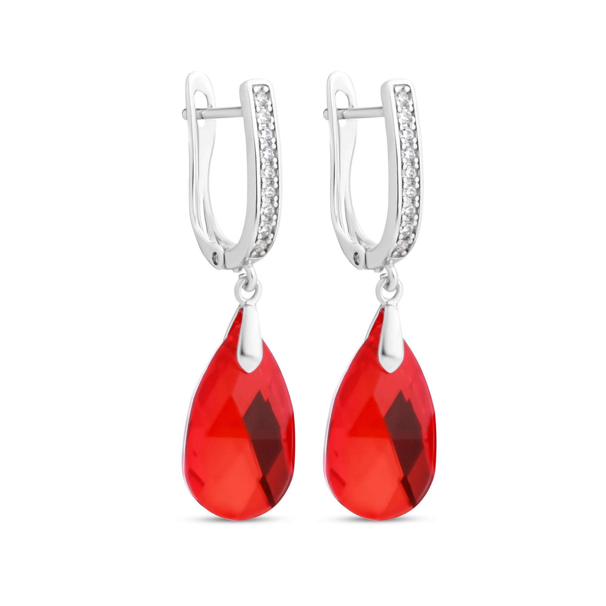 Earrings with red teardrop crystals and a zirconia-set leverback in silver tone