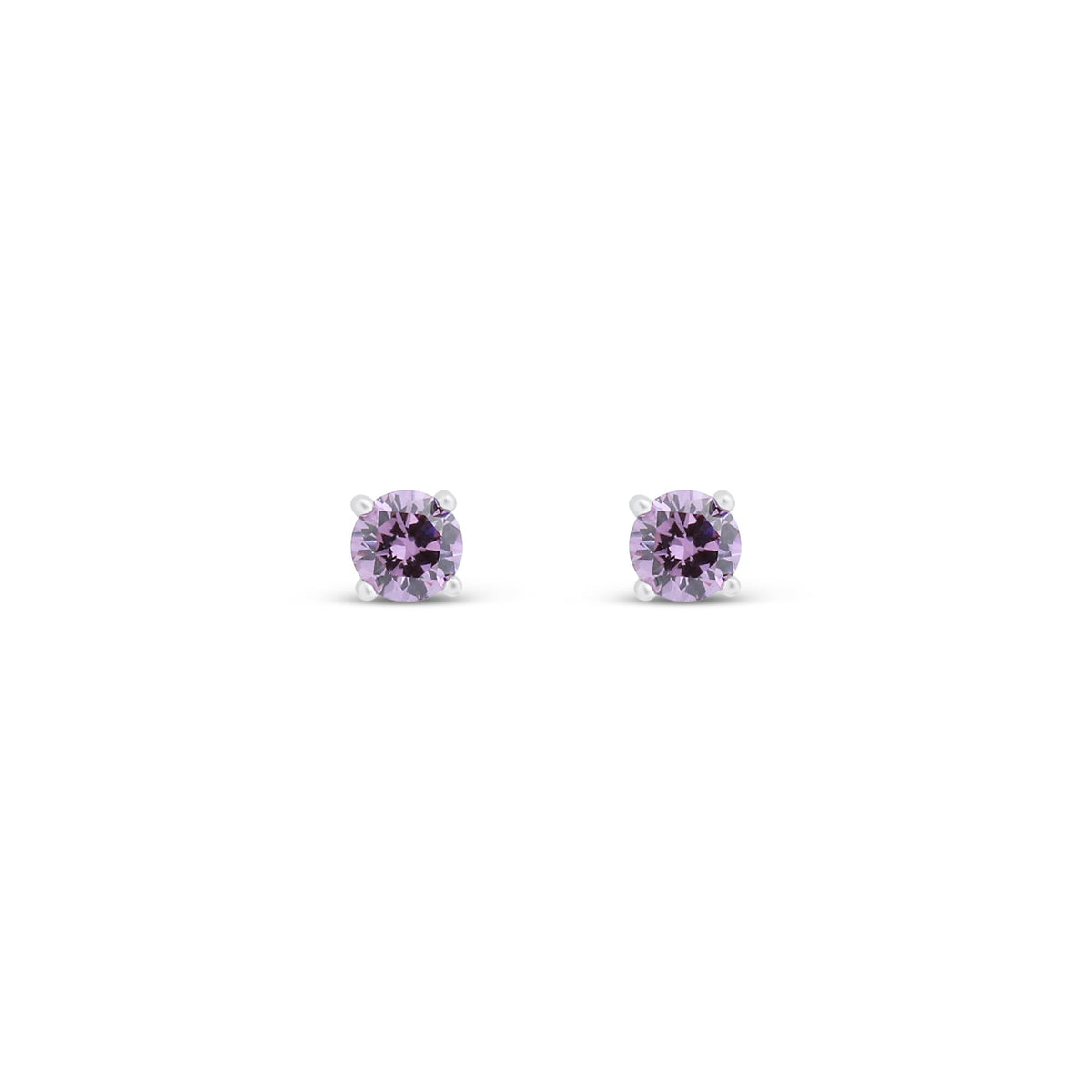 Silver-tone stud earrings with round violet cubic zirconia on white