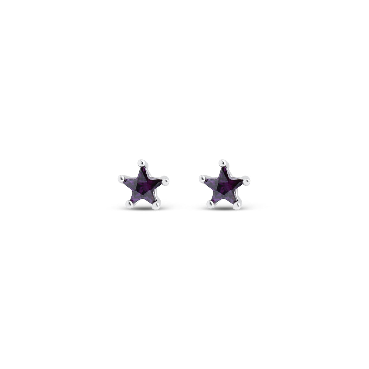Close up of stud earrings with violet star-shaped cubic zirconia