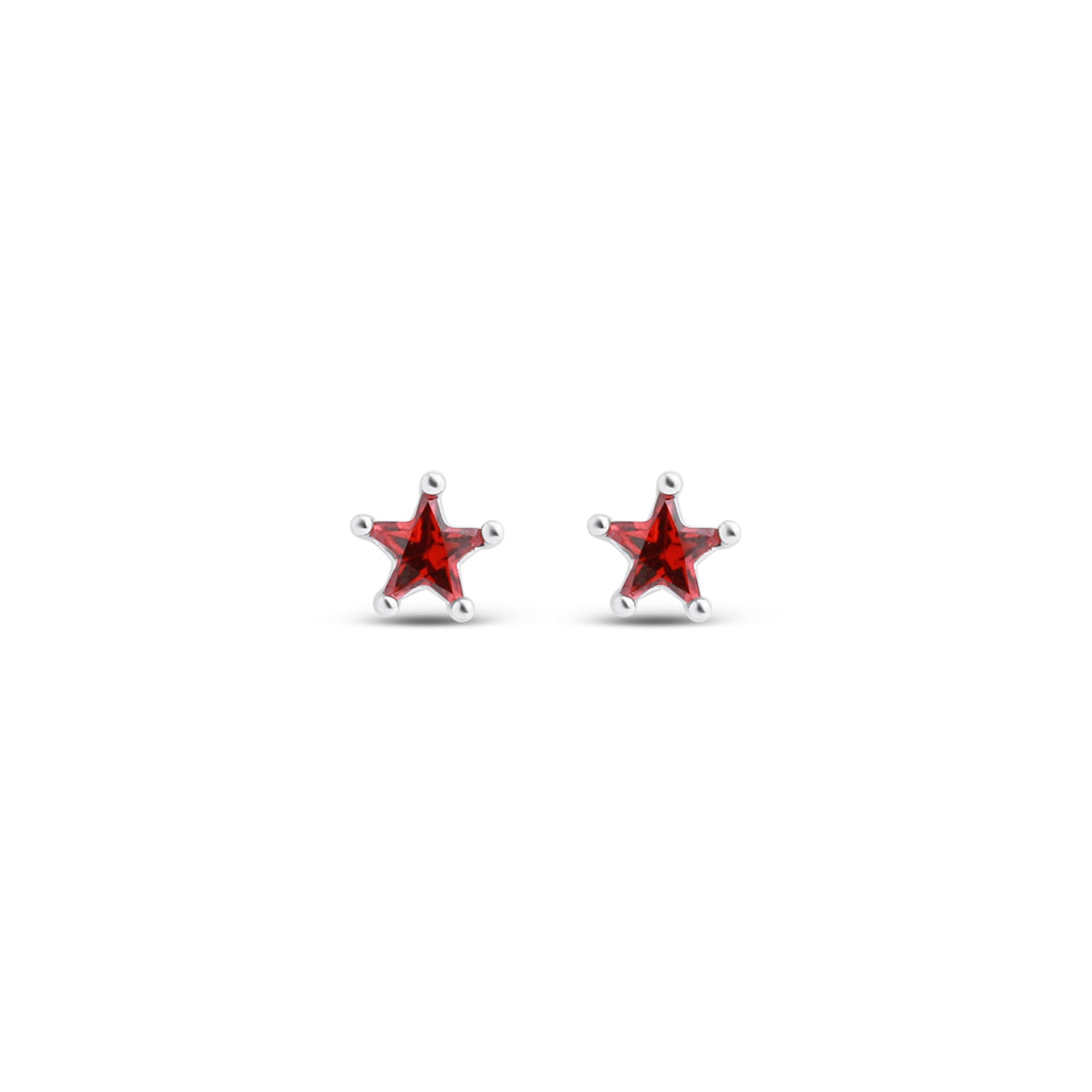 Star-shaped stud earrings with bright red crystals and silver-tone settings