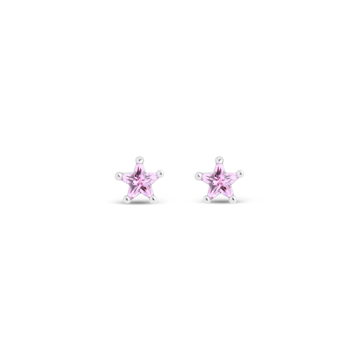 Star-shaped stud earrings with pink crystals in silver tone on white