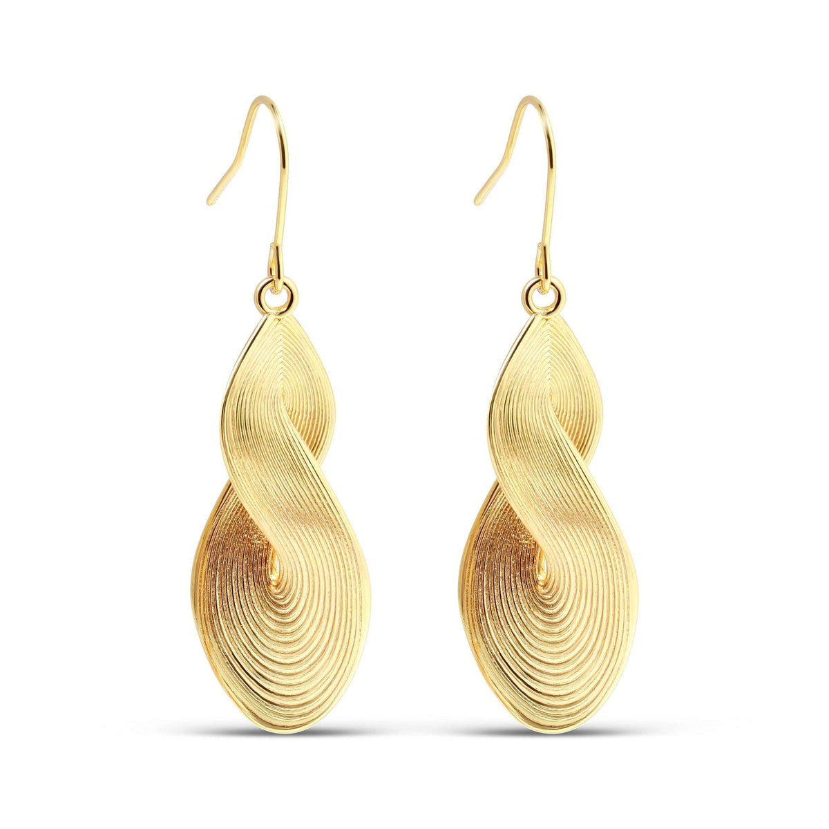 Long wavy earrings with fine ribbing and fish hooks, gold-plated