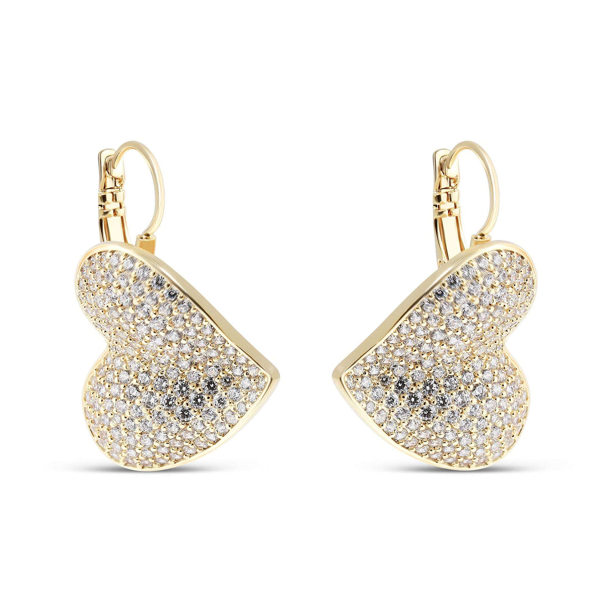 Gold-plated heart earrings densely set with cubic zirconia, French hooks