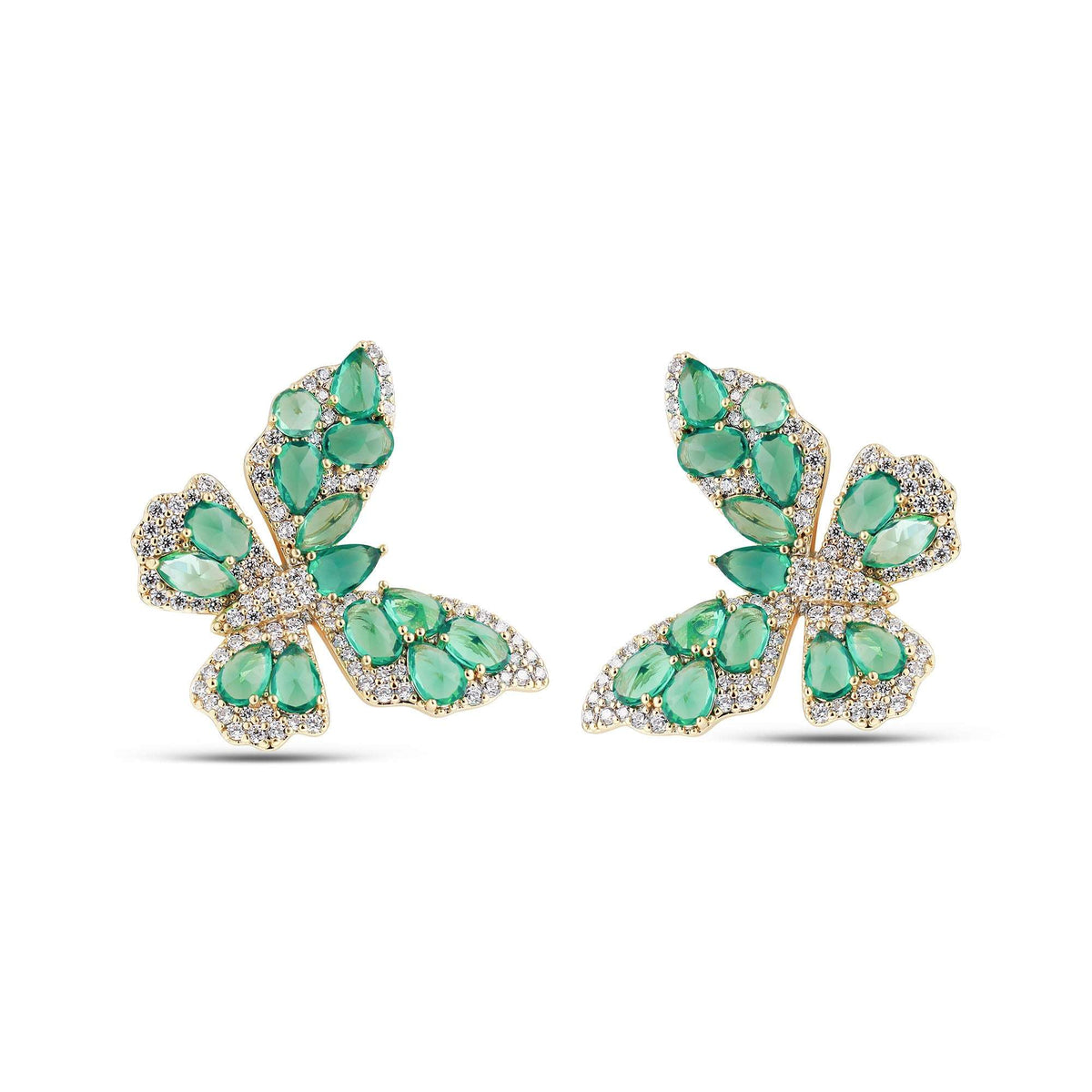 Butterfly stud earrings with green stones and sparkling zirconia, gold-plated