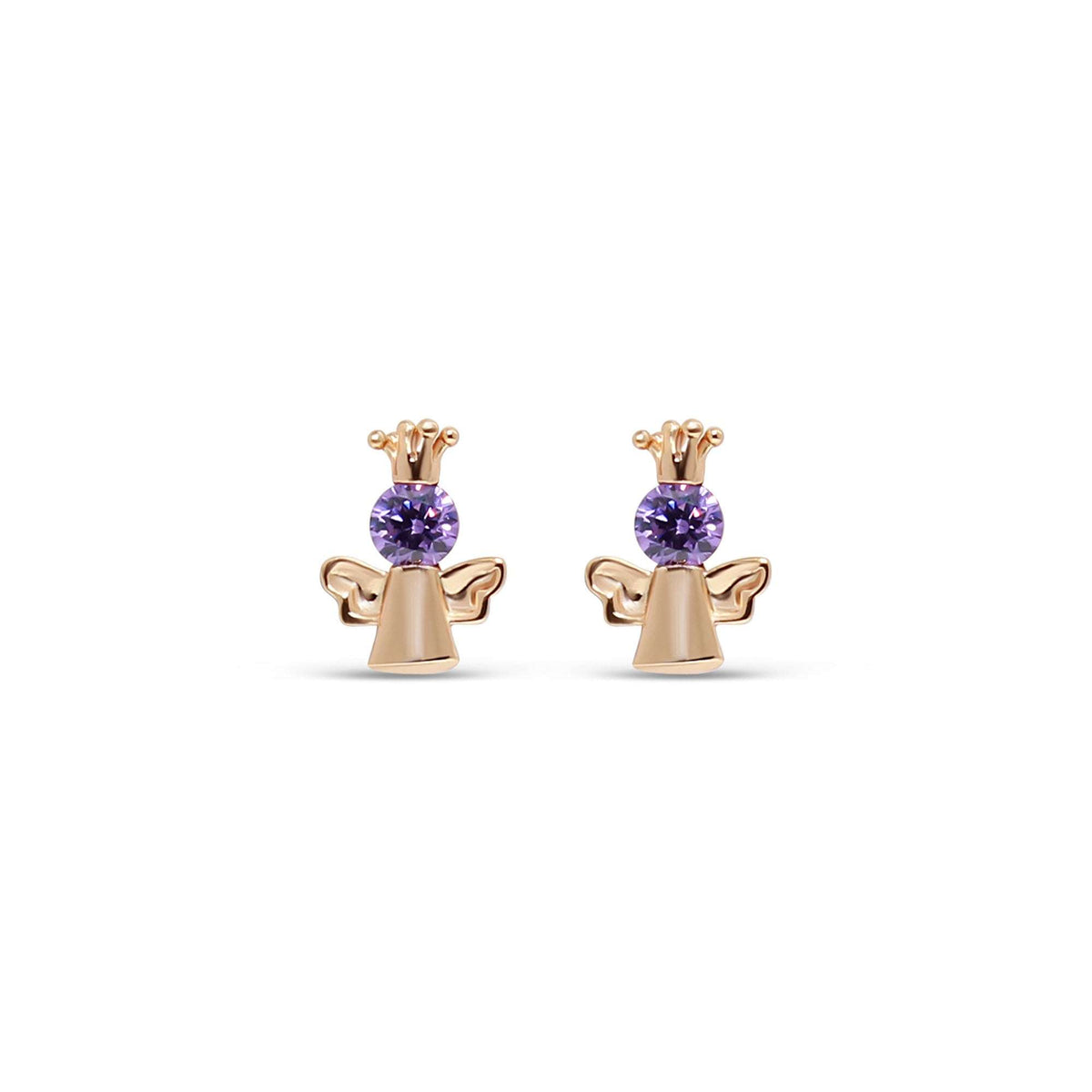 Gold-plated angel stud earrings with violet cubic zirconia and a little crown